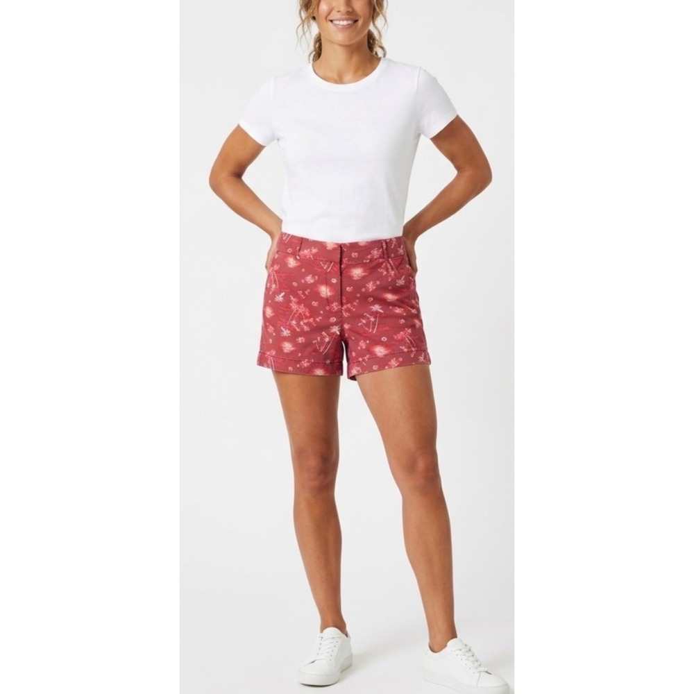 Joe Fresh Womens Coral Red Tropical Palm Tree Sunset Print Chino Shorts Size 10